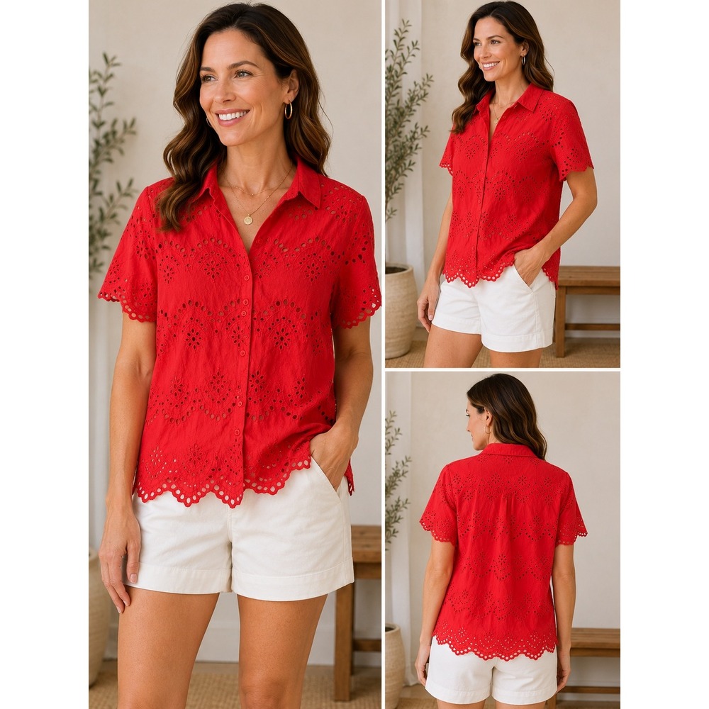 Adiva 100% Cotton Eyelet Button Front Shirt Red Scalloped Hem Short Sleeve L